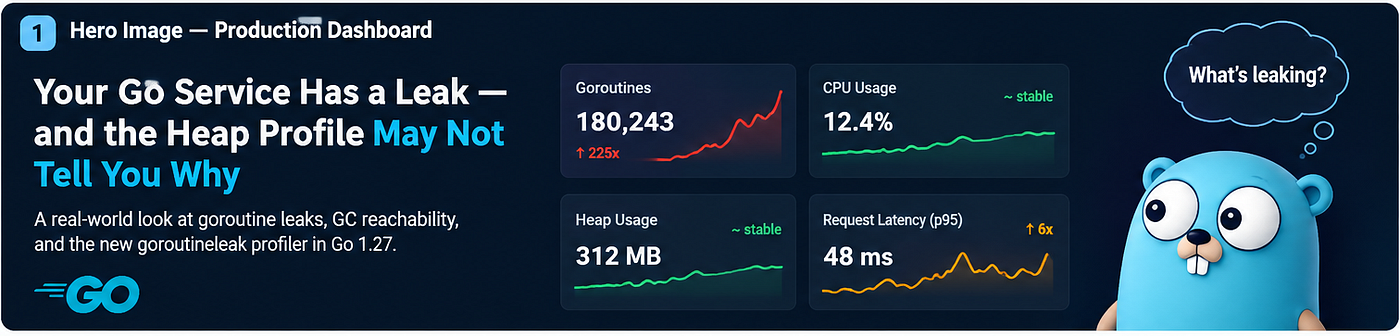 Figure 1 - A dashboard where CPU usage and heap size stay flat and healthy while the goroutine count line quietly climbs upward over time.